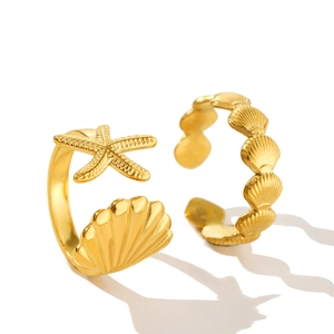 Gold stainless steel ocean starfish and seashell adjustable open rings for women