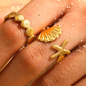 Stainless Steel Adjustable Rings Seashell Starfish Ocean Theme Beach Vacation Style For Women