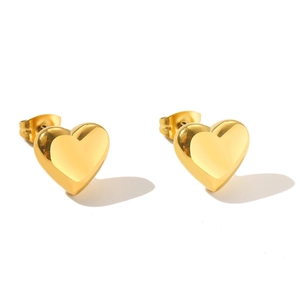 Minimalist 3D golden heart stud earrings with polished mirror finish for women