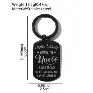 Detailed view of black stainless steel dog tag keychain with dimensions and material specs
