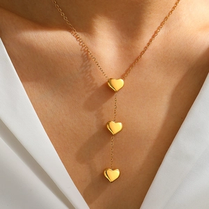 Stainless Steel Heart Pendant Necklace Vertical Hearts Y-Shape Chain Elegant Polished Minimalist Jewelry For Women