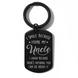 Matte black stainless steel rectangle keychain with engraved uncle quote for men's gift