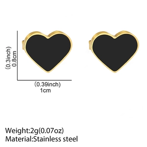 Detailed view of heart-shaped stainless steel earrings with black onyx finish and dimensions
