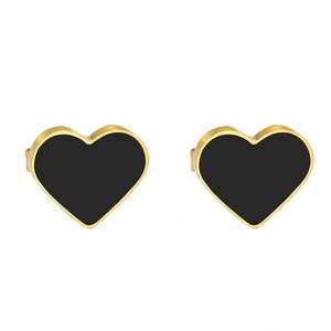 Minimalist heart-shaped stud earrings with gold plating and black onyx-style inlay