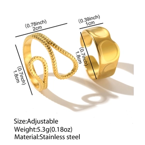 Macro detail of 18K gold stainless steel adjustable rings with weight and size specs