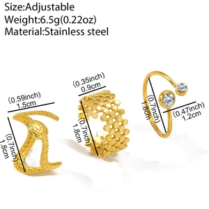 Three-piece gold stainless steel ring set with snake motif and white zircon accents