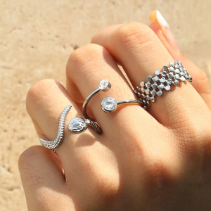 Detail of silver titanium steel rings set featuring zircon, snake, and mesh textures