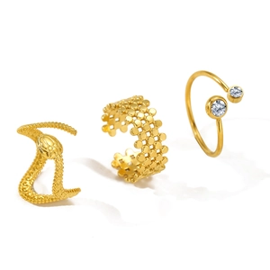 Three-piece 18K gold plated jewelry set featuring textured snake ring and hollow band