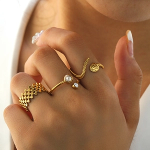 French Light Luxury Stainless Steel Hollow Heart Snake Ring Set For Women Rhinestone Adjustable Wide Band Geometric Jewelry Gift