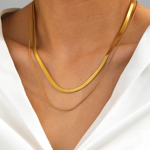 Double Layer Snake Bone Chain Necklace Stainless Steel Flat Herringbone Necklaces Vintage Fashion Jewelry Women Men