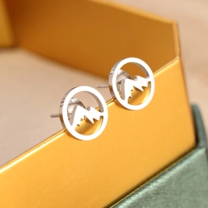 Polished stainless steel mountain outline stud earrings in minimalist circle design