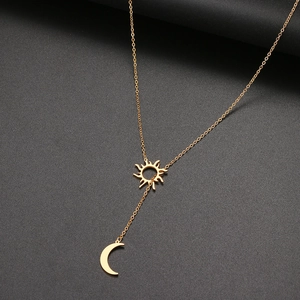 Collier en Y doré en acier inoxydable avec pendentifs célestes soleil et lune
