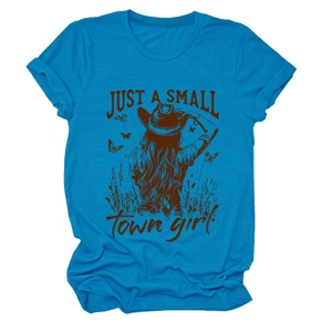 Detail of blue t-shirt featuring vintage Just a Small Town Girl graphic and soft fabric texture