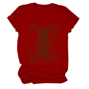 Close-up of deep red T-shirt with vintage Just A Small Town Girl graphic print