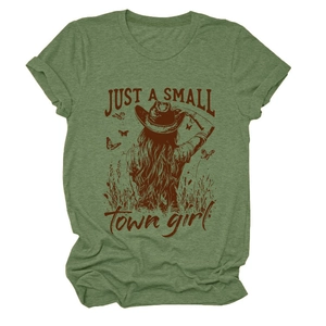 Close-up of retro cowgirl graphic and Just a Small Town Girl text on army green t-shirt
