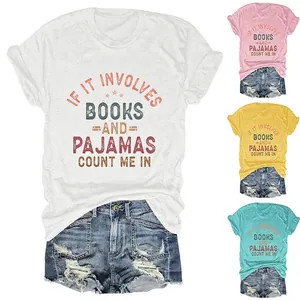 Women T-Shirt Cotton Blend Short Sleeve Crew Neck Graphic Print Slogan Books And Pajamas Loose Casual Top