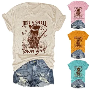 Women Vintage Graphic T-Shirt Cotton Blend Short Sleeve Round Neck Loose Fit Cowboy Girl Print Casual Daily Top