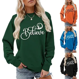 Women's Believe Nativity Scene Christmas Sweatshirt Long Sleeve Crewneck Cotton Blend Pullover Casual Holiday Graphic Top