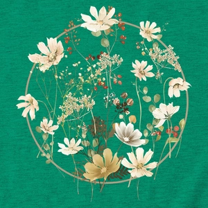 Close-up of floral wreath print with white cosmos and berries on emerald green fabric