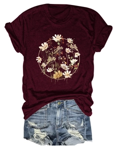Detailed flat lay of burgundy floral print T-shirt paired with ripped denim shorts