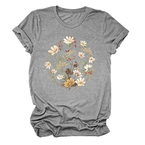 Close-up of heather grey t-shirt with floral wreath graphic and soft cotton texture