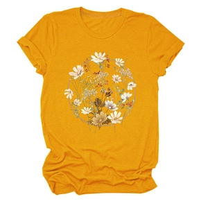 Detail of floral wreath print on yellow short sleeve T-shirt with knit texture