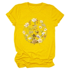 Detail showing high-quality vibrant yellow T-shirt with circular daisy floral print design
