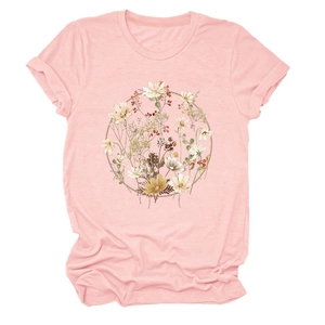 Detail of light pink T-shirt featuring a delicate circular wildflower floral print