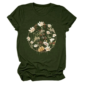 Close-up of circular floral print on dark green short sleeve t-shirt with daisy details