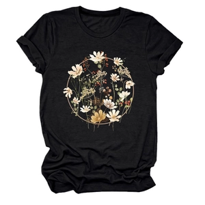 Close-up of vintage floral wreath print on women's black cotton crew neck short sleeve T-shirt