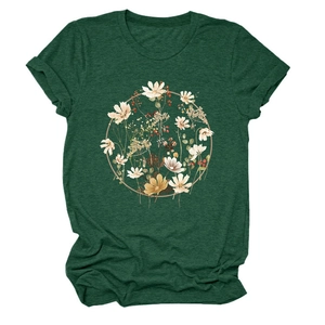 Detail of flower wreath print on a dark green heathered short sleeve t-shirt
