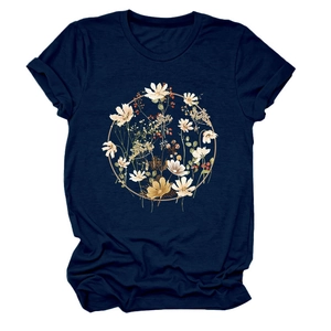 Navy blue round neck short sleeve T-shirt with a stylish floral wreath print on white background