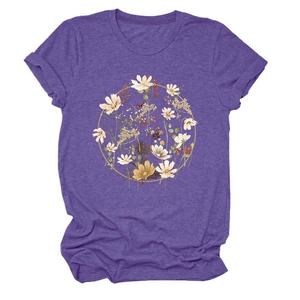 Close-up of a floral wreath print on a purple heather texture crew neck T-shirt