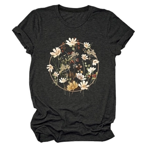 Detail of flower wreath print on dark grey crew neck cotton blend t-shirt