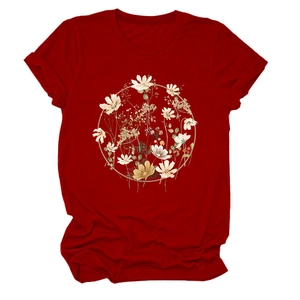 Detailed macro view of the floral wreath print on this dark red round neck short sleeve tee