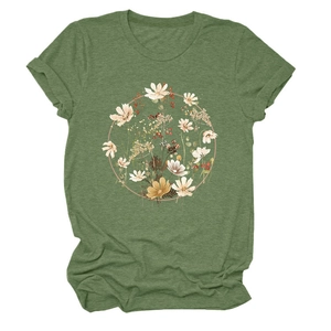 Detail of the artistic floral wreath print on an olive green casual cotton T-shirt