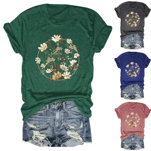 Women Casual Cotton Blend T-Shirt Round Neck Short Sleeve Top With Flower Wreath Print Vintage Commute Style Summer Tee