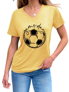 Detail of V-neck short sleeve T-shirt with yellow fabric and Game Day football graphic