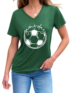 Detail of V-neck short sleeve T-shirt with Game Day football graphic and knit texture