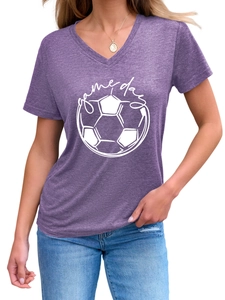 Close-up of the V-neckline and game day graphic print on this purple women's t-shirt