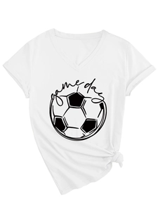 Close-up of a white V-neck T-shirt with Game Day football graphic and front knot detail