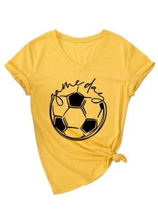 Detail of V-neck yellow Game Day T-shirt with soccer print and stylish front knot