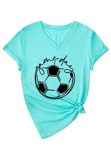 Detail of mint green V-neck T-shirt with game day football print and side knot design