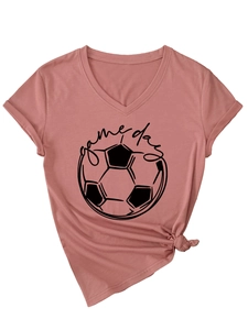 Detail of V-neck short sleeve tee in dusty pink featuring game day soccer graphic
