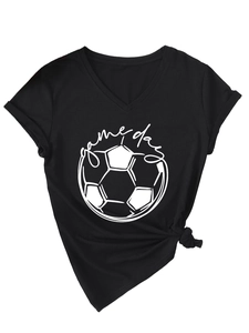 Detail of V-neck cotton T-shirt featuring Game Day graphic and stylish side knot