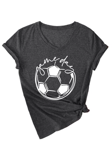Detail of V-neck charcoal t-shirt with Game Day print and side knot styling