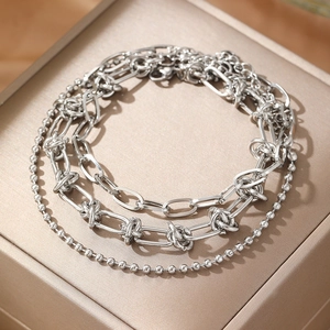 Three-layer stainless steel punk chain bracelet with knotted design and ball link