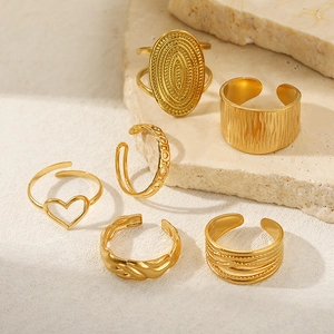 6-piece set of adjustable 18K gold-plated stainless steel rings with geometric textures