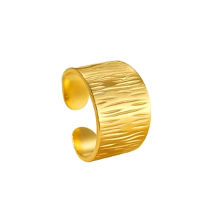 18K gold plated wide band stainless steel ring with bark texture and adjustable open design