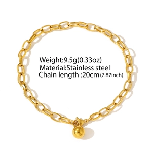 Detail of 20cm stainless steel gold chain bracelet with a polished ball pendant and measurements